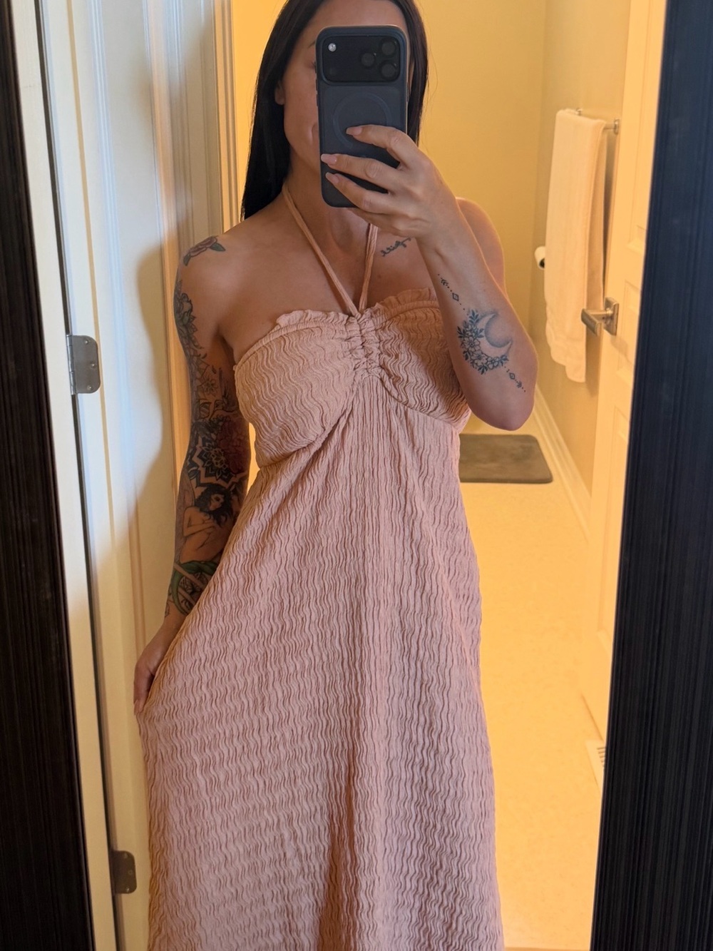 Strapless Ruched Blush Pink Maxi Dress with Halter Tie